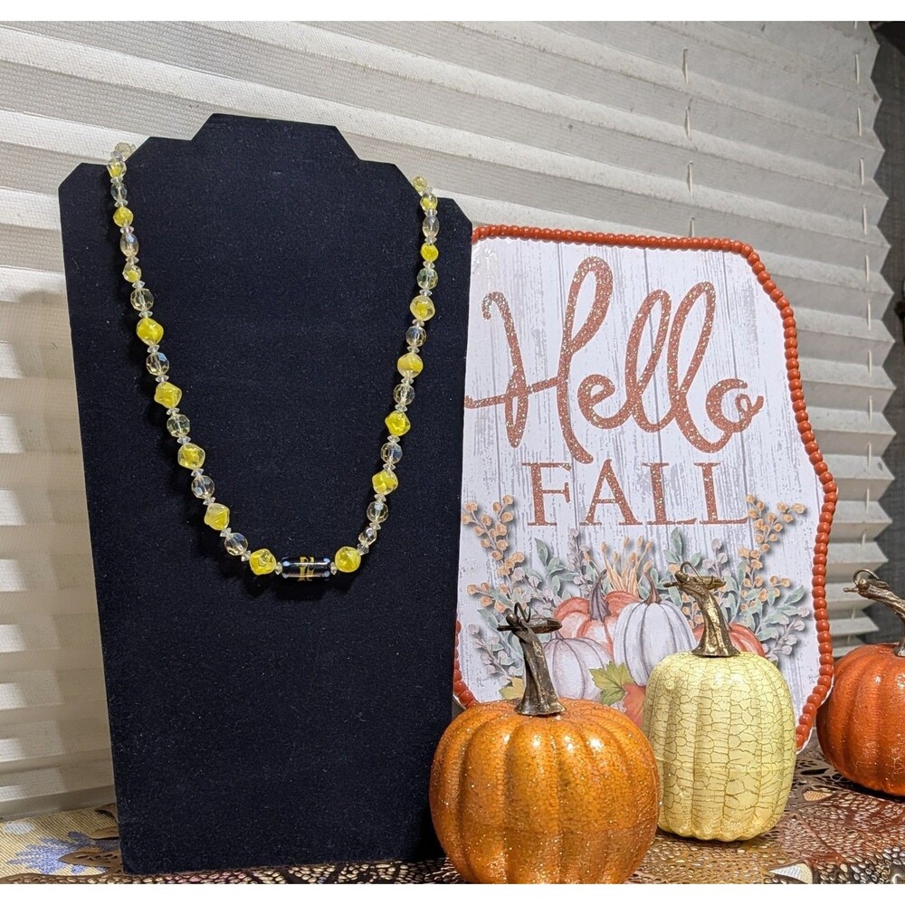 Vintage Lemon Yellow Art Glass Beaded Necklace Lampwork Focal Bead Boho